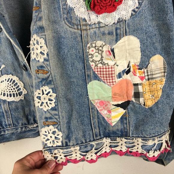 Embellished Blue Jean Jacket Crochet Patchwork - Picture 7 of 14